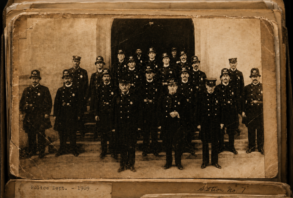Historic photograph of a group of police officers posing together in uniform, dated 1909.