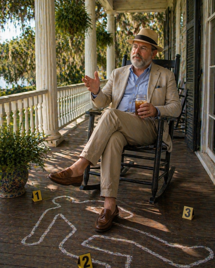 A man in a rocking chair on a porch, wearing a hat and holding a drink, with a chalk outline of a body and numbered evidence markers on the wooden floor.