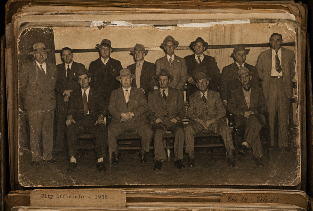 A black and white photograph of city officials from 1938, featuring twelve men in formal attire and hats, seated and standing in a group setting.