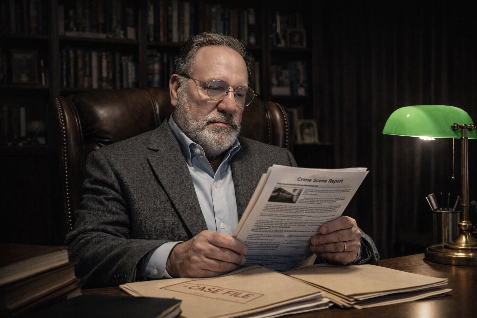 A man in a gray blazer and glasses reads a crime scene report while seated at a wooden desk in a dimly lit room with bookshelves in the background.