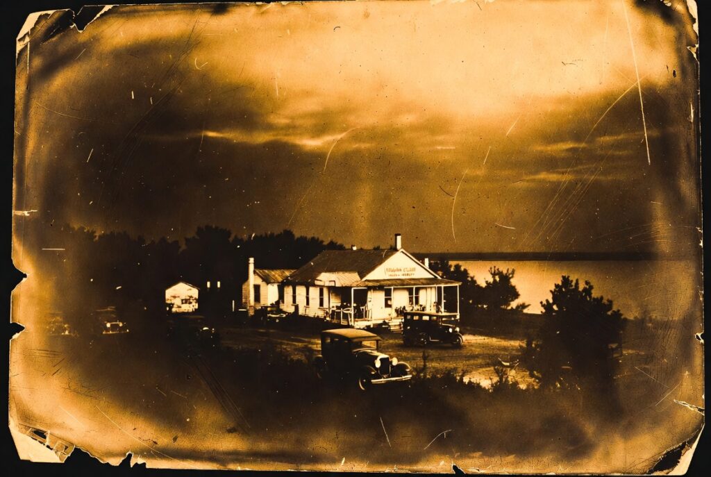 A sepia-toned historic photograph depicting a waterfront building with a sign reading 'Fishing Club' alongside vintage cars parked outside, against a backdrop of cloudy skies and trees.