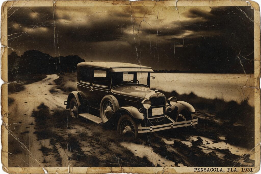 A vintage black-and-white photograph of a 1931 car parked on a dirt road by a body of water, surrounded by grass and trees, with a cloudy sky in the background.