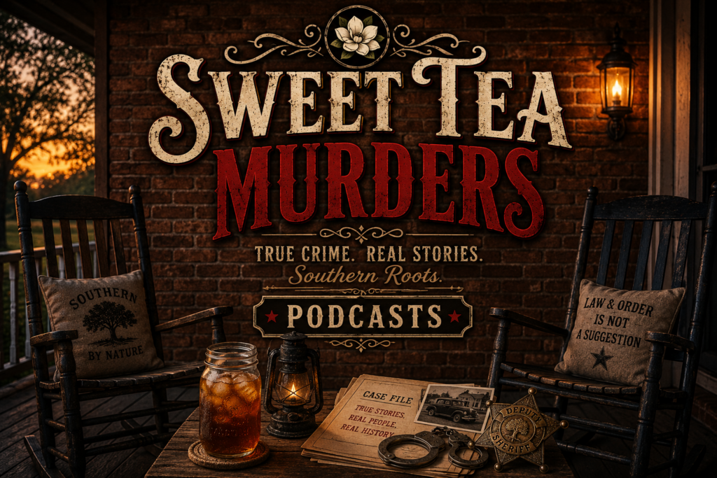 Logo for the 'Sweet Tea Murders' podcast featuring the text in a rustic design, with images of rocking chairs, a glass of iced tea, and decorative cushions conveying a Southern theme.