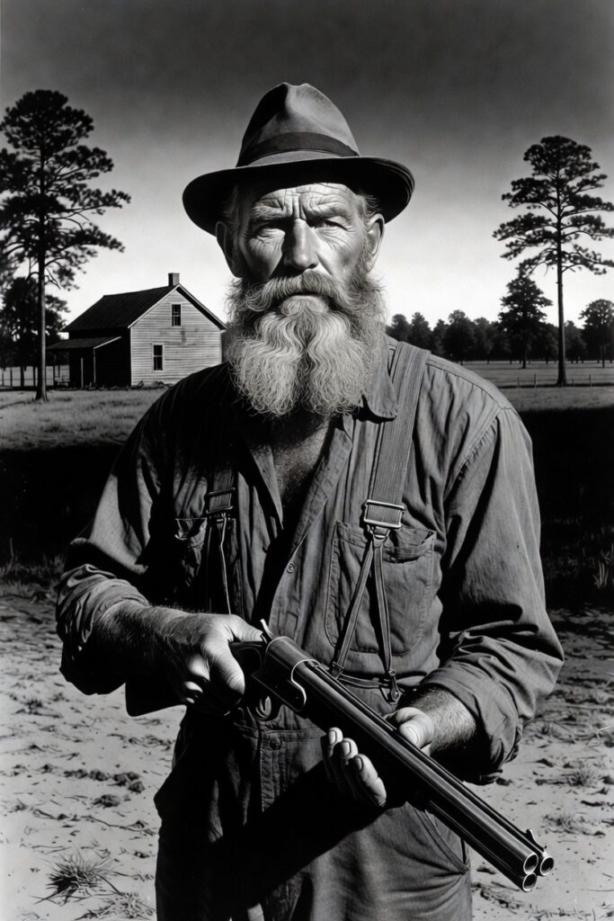 A stern, bearded man in a hat stands holding a rifle, with a rural house and trees in the background.
