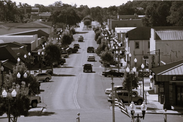 A black and white photo of a quaint street lined with buildings and trees, featuring parked cars and streetlights, leading towards the horizon.