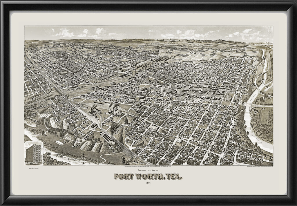 Aerial perspective map of Fort Worth, Texas, from 1881, showcasing the city layout and buildings in a detailed illustration.