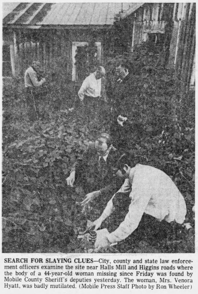 Law enforcement officers search a rural area for evidence related to a missing woman case, with a focus on the ground and surrounding foliage.