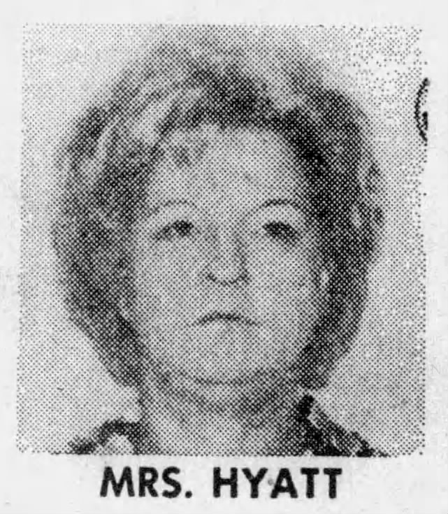 Black and white photo of a woman with curly hair, labeled 'MRS. HYATT'.