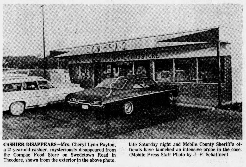 Exterior view of the Compac Food Store on Swedetown Road in Theodore, featuring a vintage black car parked in front.