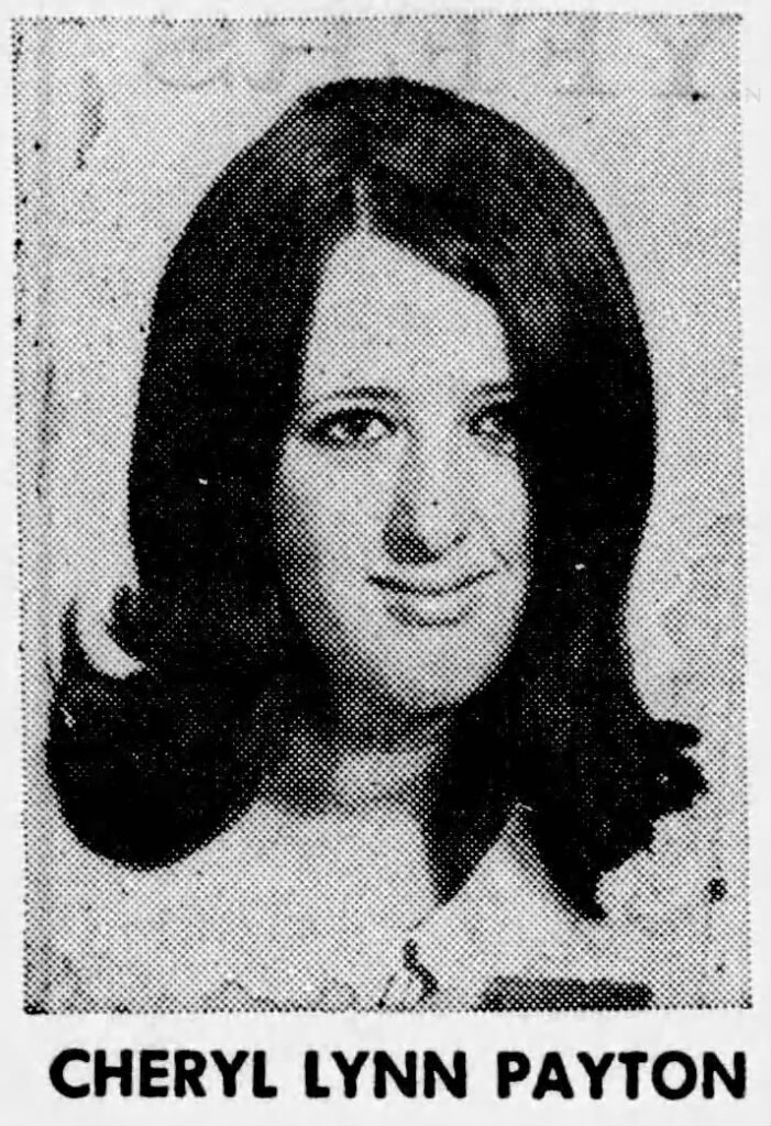 A black and white photograph of a woman with long, dark hair, smiling softly. Her name, Cheryl Lynn Payton, is printed at the bottom of the image.