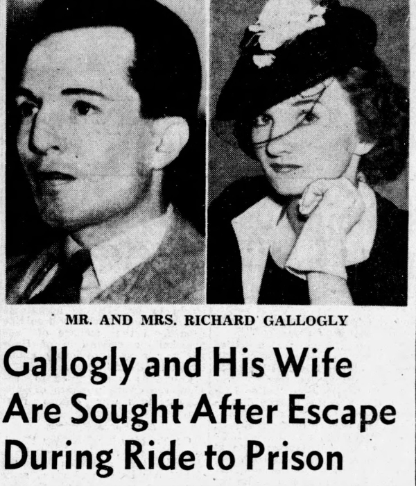 Black and white newspaper image featuring the photographs of Mr. and Mrs. Richard Gallogly, with a headline about their escape during a ride to prison.