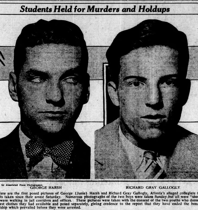 Two black and white photographs of George Harsh and Richard Gray Gallogly, who are identified as students accused of murders and holdups. The images show their facial portraits with expressions of seriousness.