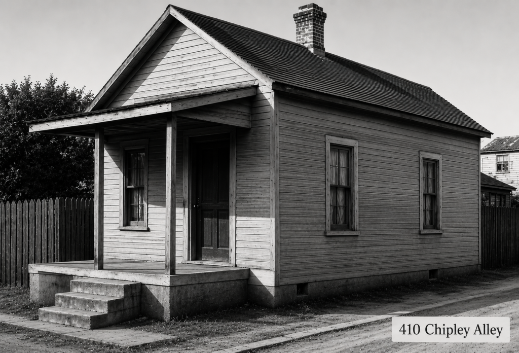 A black and white photo of a small wooden house with a front porch and steps, located at 410 Chipley Alley. The house features multiple windows and a chimney.