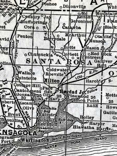 Black and white historical map of Santa Rosa County, Florida, showing towns, roads, and geographical features.