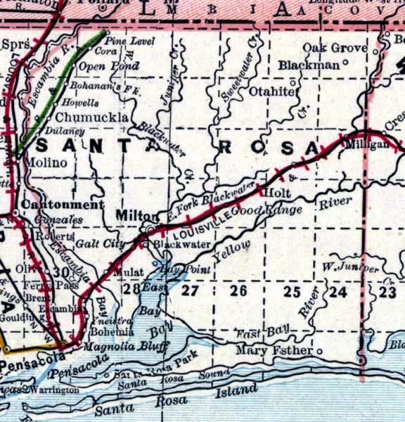 A vintage map showing Santa Rosa County and surrounding areas in Florida, featuring roads, towns, and geographical landmarks.