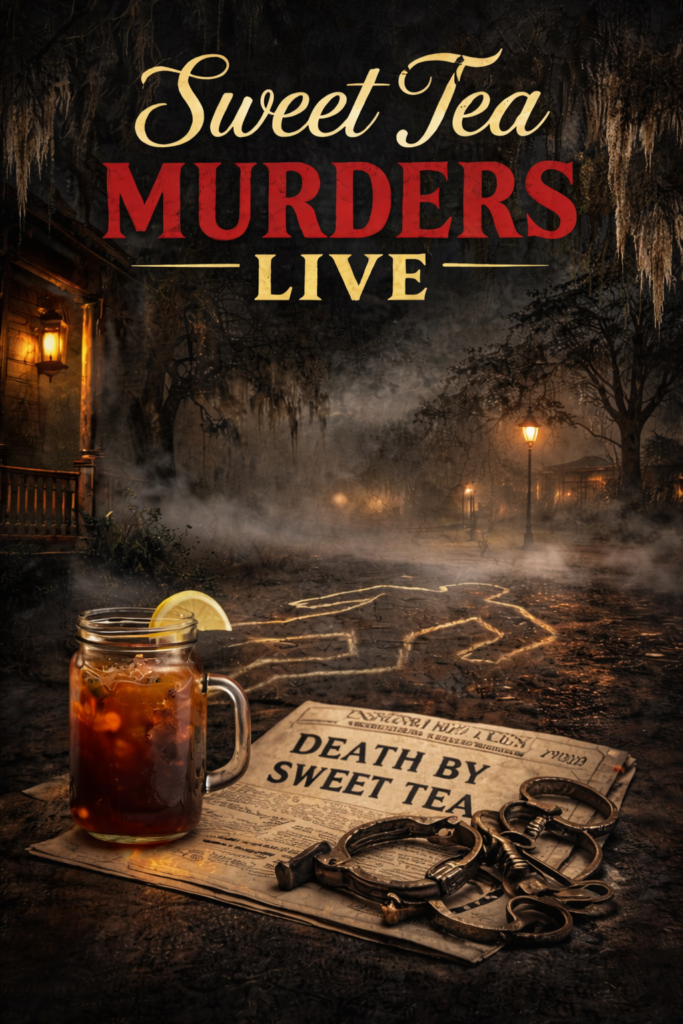 A sinister outdoor scene featuring a mason jar of iced tea with a lemon slice, a newspaper headline reading 'Death by Sweet Tea', and vintage handcuffs. The background depicts a foggy street with lamplights and a chalk outline on the ground.