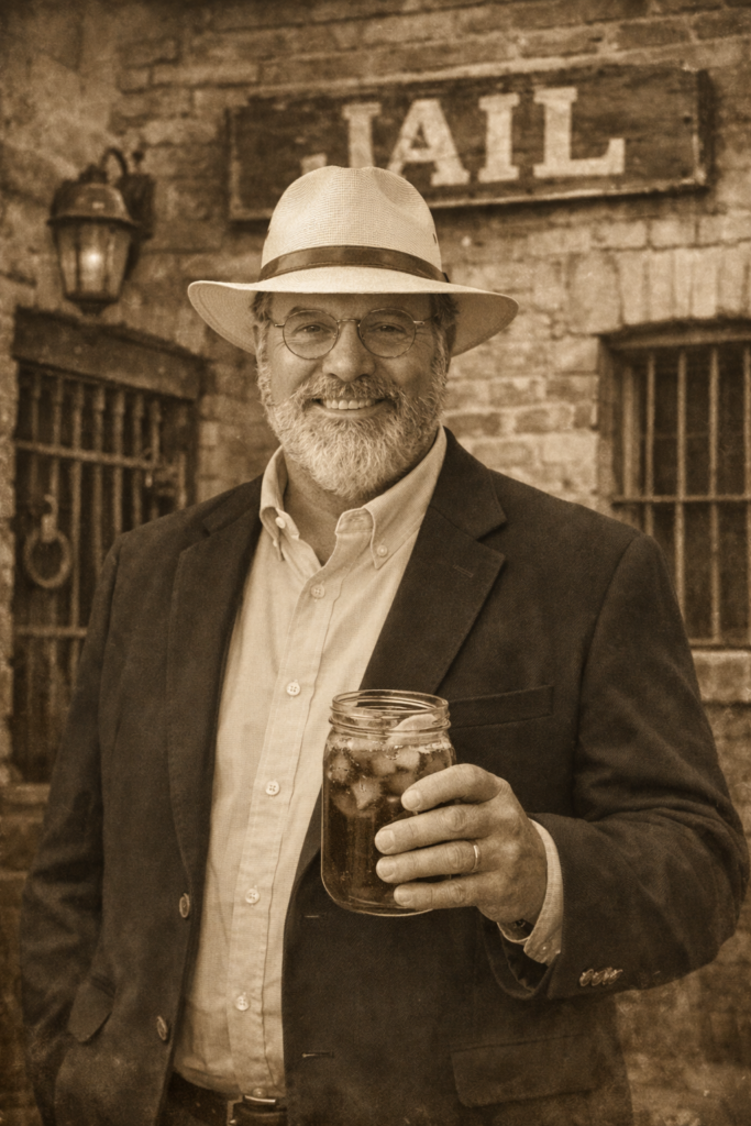 A man with a beard and glasses, wearing a stylish hat and a dark blazer, holds a mason jar filled with a beverage and ice, standing in front of an old stone jail wall with a sign that reads 'JAIL'.