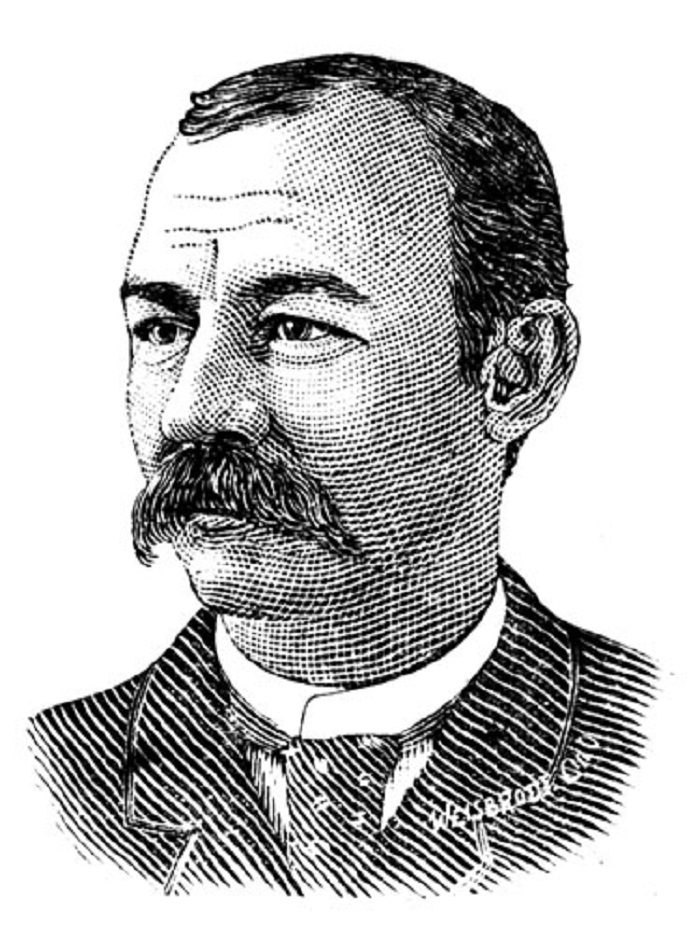 An engraved portrait of a mustachioed man with short hair, wearing a suit and tie.