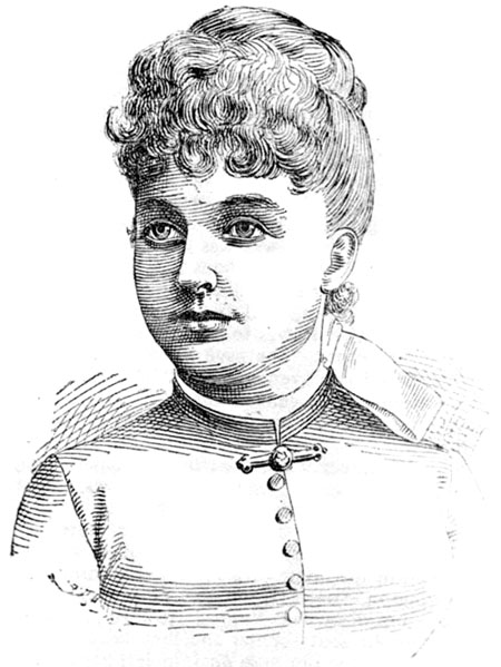 Black and white illustration of a young woman with curly hair, wearing a buttoned dress and a decorative collar.