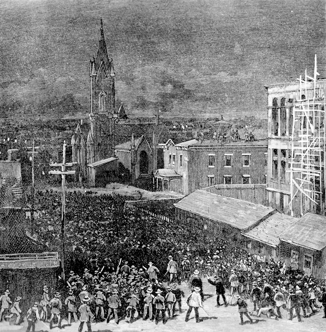 Historical black and white illustration depicting a large crowd gathered outside a church and buildings in a town square, with a steeple in the background and construction scaffolding on a nearby structure.