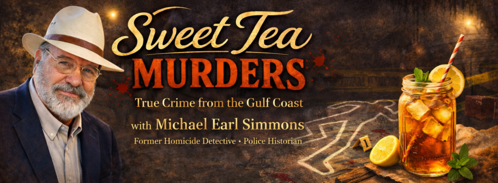Promotional graphic for 'Sweet Tea Murders,' featuring Michael Earl Simmons, a former homicide detective and police historian, with an image of iced tea and a crime scene outline in the background.